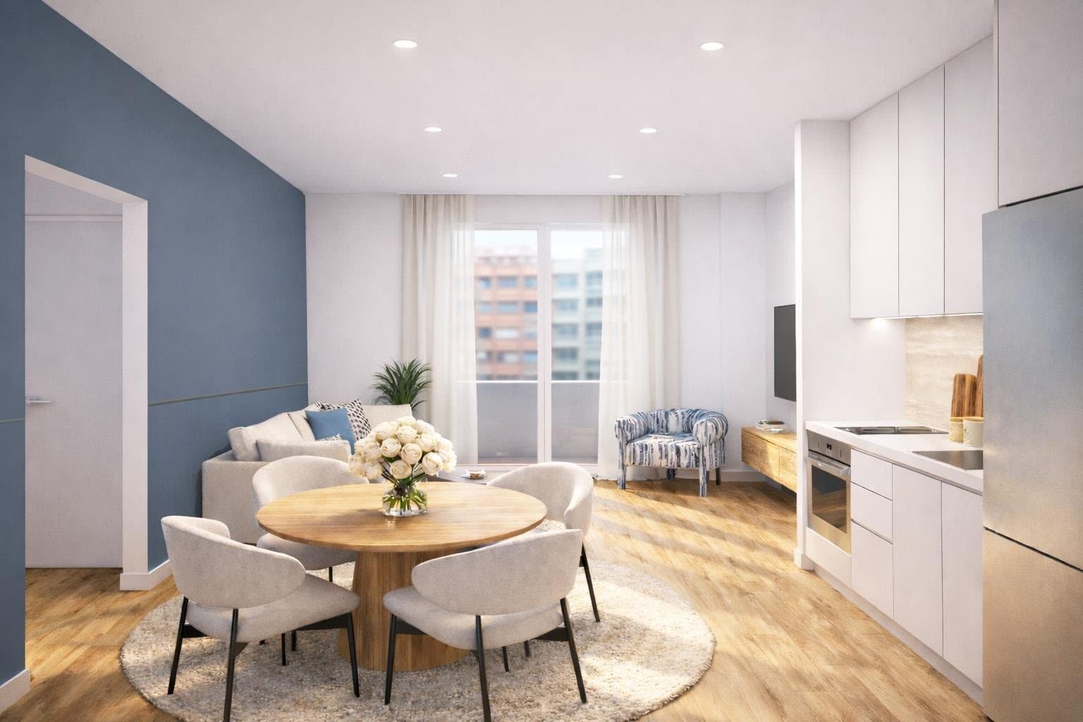 Visualisation of apartment 02: open-plan living, dining and kitchen area